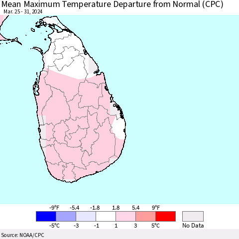 Sri Lanka Mean Maximum Temperature Departure from Normal (CPC) Thematic Map For 3/25/2024 - 3/31/2024