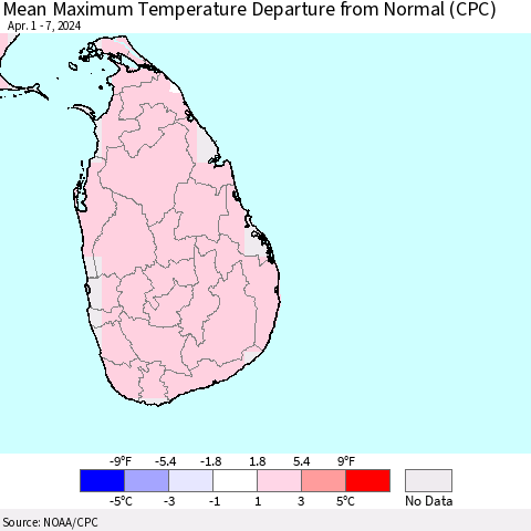 Sri Lanka Mean Maximum Temperature Departure from Normal (CPC) Thematic Map For 4/1/2024 - 4/7/2024