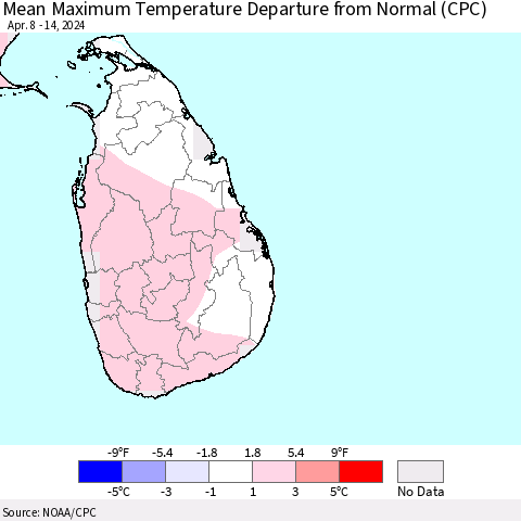 Sri Lanka Mean Maximum Temperature Departure from Normal (CPC) Thematic Map For 4/8/2024 - 4/14/2024