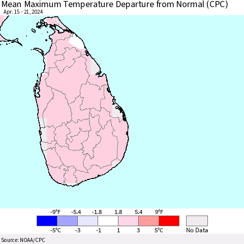 Sri Lanka Mean Maximum Temperature Departure from Normal (CPC) Thematic Map For 4/15/2024 - 4/21/2024