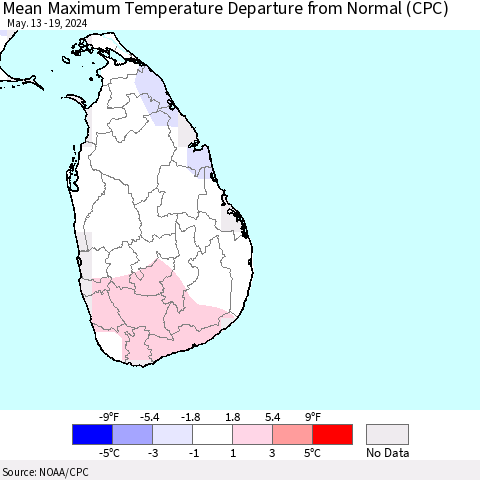 Sri Lanka Mean Maximum Temperature Departure from Normal (CPC) Thematic Map For 5/13/2024 - 5/19/2024