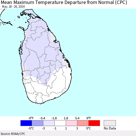 Sri Lanka Mean Maximum Temperature Departure from Normal (CPC) Thematic Map For 5/20/2024 - 5/26/2024