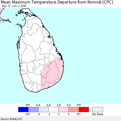 Sri Lanka Mean Maximum Temperature Departure from Normal (CPC) Thematic Map For 5/27/2024 - 6/2/2024