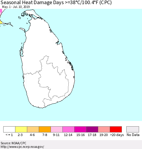 Sri Lanka Seasonal Heat Damage Days >=38°C/100.4°F (CPC) Thematic Map For 5/1/2019 - 7/10/2019