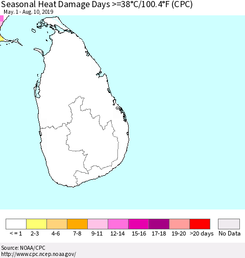 Sri Lanka Seasonal Heat Damage Days >=38°C/100.4°F (CPC) Thematic Map For 5/1/2019 - 8/10/2019