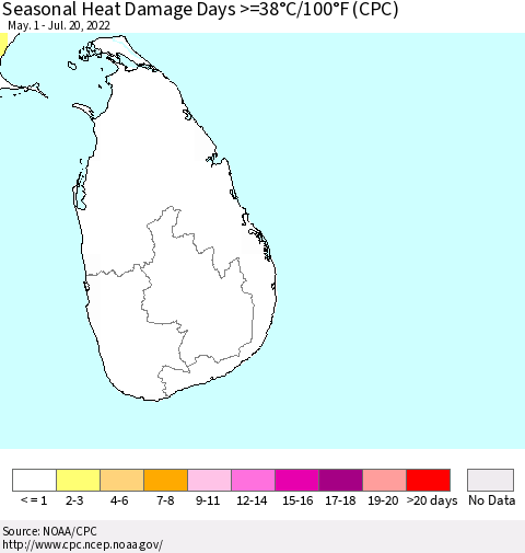 Sri Lanka Seasonal Heat Damage Days >=38°C/100.4°F (CPC) Thematic Map For 5/1/2022 - 7/20/2022