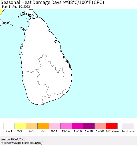Sri Lanka Seasonal Heat Damage Days >=38°C/100°F (CPC) Thematic Map For 5/1/2022 - 8/10/2022