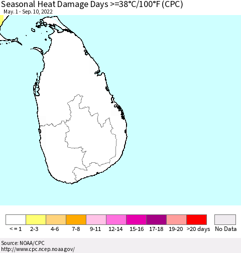 Sri Lanka Seasonal Heat Damage Days >=38°C/100°F (CPC) Thematic Map For 5/1/2022 - 9/10/2022