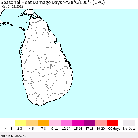 Sri Lanka Seasonal Heat Damage Days >=38°C/100°F (CPC) Thematic Map For 10/1/2022 - 10/25/2022