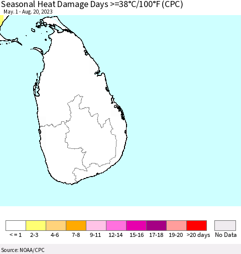Sri Lanka Seasonal Heat Damage Days >=38°C/100°F (CPC) Thematic Map For 5/1/2023 - 8/20/2023