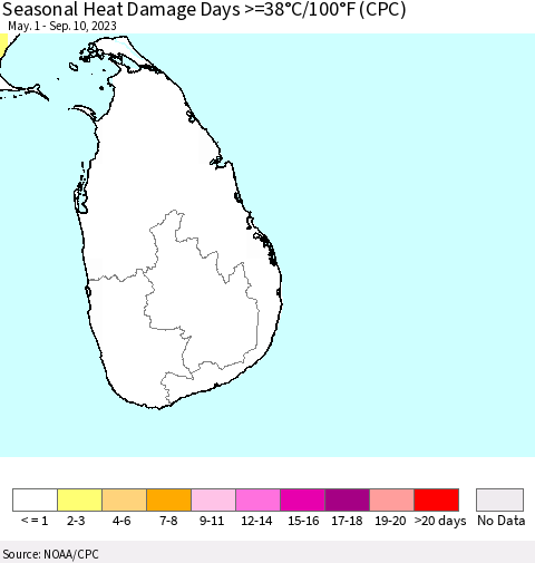 Sri Lanka Seasonal Heat Damage Days >=38°C/100°F (CPC) Thematic Map For 5/1/2023 - 9/10/2023