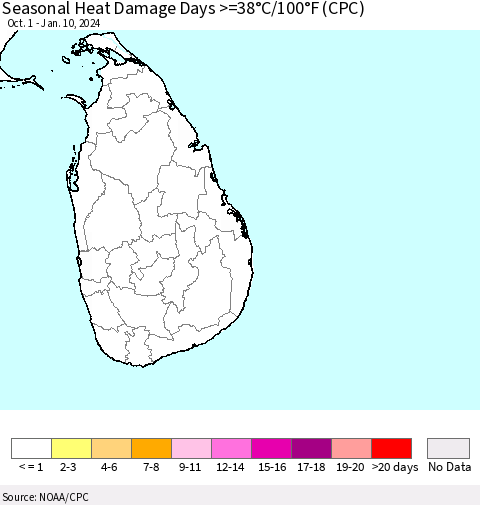 Sri Lanka Seasonal Heat Damage Days >=38°C/100°F (CPC) Thematic Map For 10/1/2023 - 1/10/2024