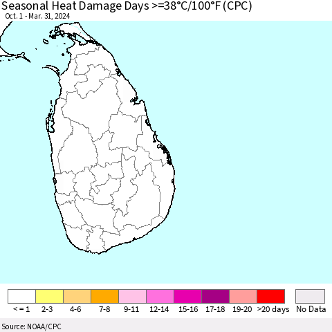 Sri Lanka Seasonal Heat Damage Days >=38°C/100°F (CPC) Thematic Map For 10/1/2023 - 3/31/2024