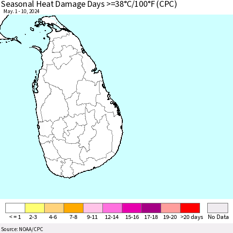 Sri Lanka Seasonal Heat Damage Days >=38°C/100°F (CPC) Thematic Map For 5/1/2024 - 5/10/2024