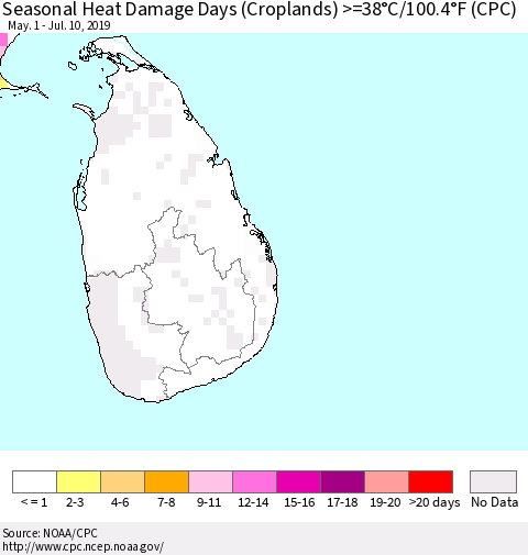 Sri Lanka Seasonal Heat Damage Days (Croplands) >=38°C/100°F (CPC) Thematic Map For 5/1/2019 - 7/10/2019