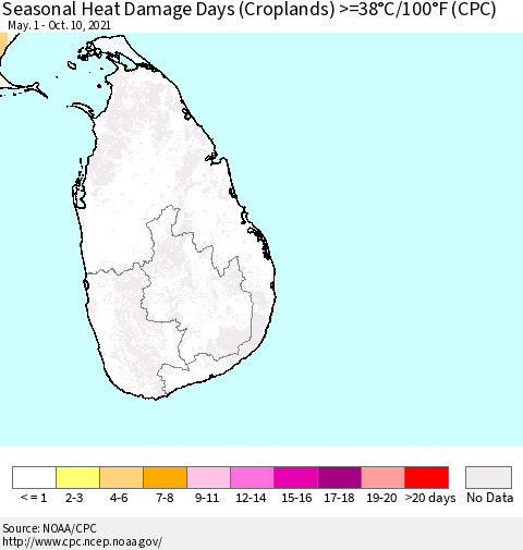 Sri Lanka Seasonal Heat Damage Days (Croplands) >=38°C/100.4°F (CPC) Thematic Map For 5/1/2021 - 10/10/2021