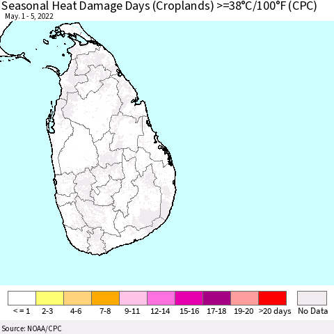 Sri Lanka Seasonal Heat Damage Days (Croplands) >=38°C/100°F (CPC) Thematic Map For 5/1/2022 - 5/5/2022