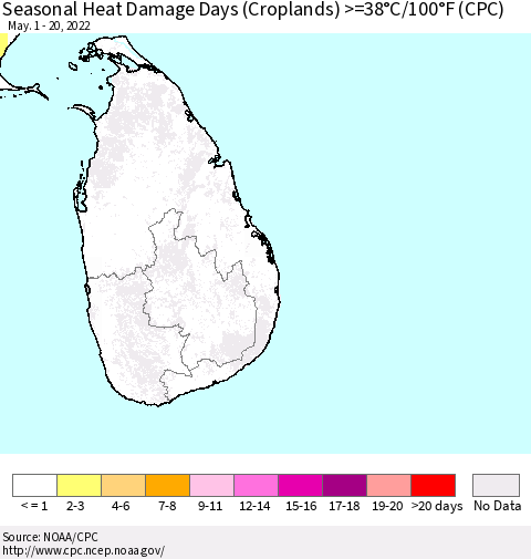 Sri Lanka Seasonal Heat Damage Days (Croplands) >=38°C/100.4°F (CPC) Thematic Map For 5/1/2022 - 5/20/2022