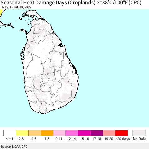 Sri Lanka Seasonal Heat Damage Days (Croplands) >=38°C/100°F (CPC) Thematic Map For 5/1/2022 - 7/10/2022