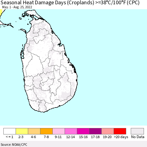 Sri Lanka Seasonal Heat Damage Days (Croplands) >=38°C/100°F (CPC) Thematic Map For 5/1/2022 - 8/25/2022