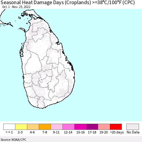 Sri Lanka Seasonal Heat Damage Days (Croplands) >=38°C/100°F (CPC) Thematic Map For 10/1/2022 - 11/25/2022