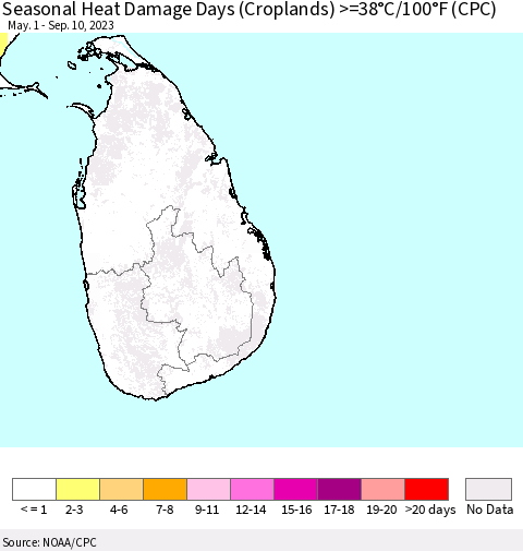 Sri Lanka Seasonal Heat Damage Days (Croplands) >=38°C/100°F (CPC) Thematic Map For 5/1/2023 - 9/10/2023