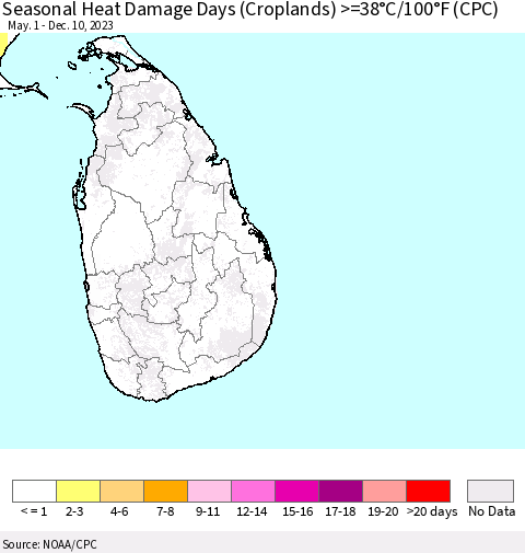 Sri Lanka Seasonal Heat Damage Days (Croplands) >=38°C/100°F (CPC) Thematic Map For 5/1/2023 - 12/10/2023