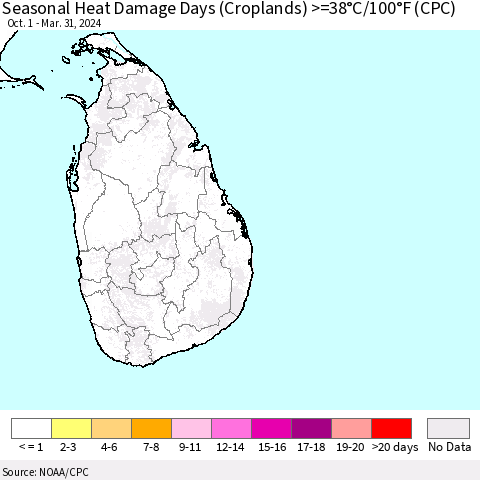 Sri Lanka Seasonal Heat Damage Days (Croplands) >=38°C/100°F (CPC) Thematic Map For 10/1/2023 - 3/31/2024
