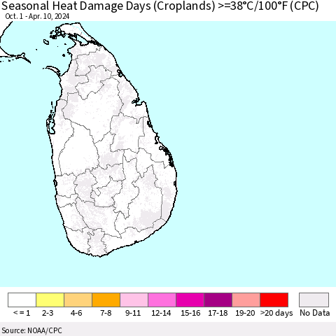 Sri Lanka Seasonal Heat Damage Days (Croplands) >=38°C/100°F (CPC) Thematic Map For 10/1/2023 - 4/10/2024