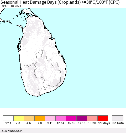 Sri Lanka Seasonal Heat Damage Days (Croplands) >=38°C/100°F (CPC) Thematic Map For 10/1/2023 - 10/10/2023