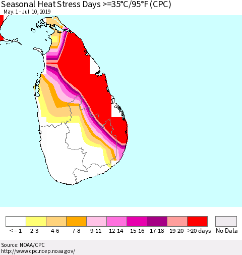 Sri Lanka Seasonal Heat Stress Days >=35°C/95°F (CPC) Thematic Map For 5/1/2019 - 7/10/2019