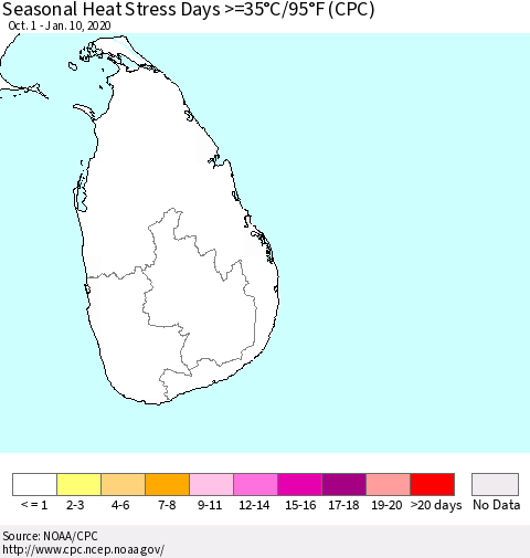 Sri Lanka Seasonal Heat Stress Days >=35°C/95°F (CPC) Thematic Map For 10/1/2019 - 1/10/2020