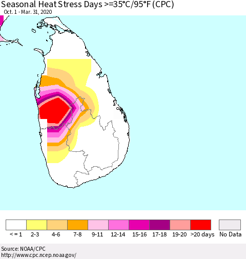 Sri Lanka Seasonal Heat Stress Days >=35°C/95°F (CPC) Thematic Map For 10/1/2019 - 3/31/2020