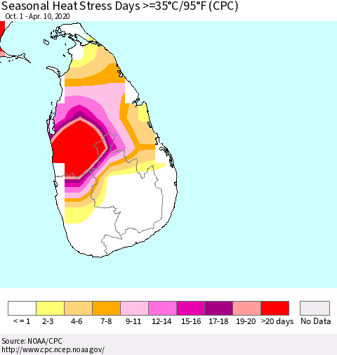 Sri Lanka Seasonal Heat Stress Days >=35°C/95°F (CPC) Thematic Map For 10/1/2019 - 4/10/2020