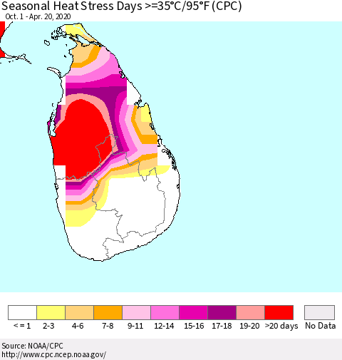 Sri Lanka Seasonal Heat Stress Days >=35°C/95°F (CPC) Thematic Map For 10/1/2019 - 4/20/2020