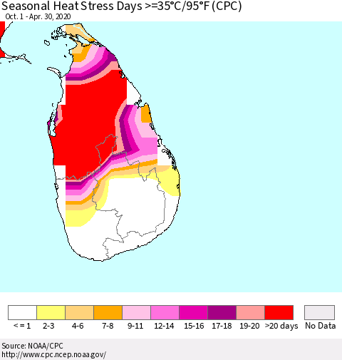 Sri Lanka Seasonal Heat Stress Days >=35°C/95°F (CPC) Thematic Map For 10/1/2019 - 4/30/2020