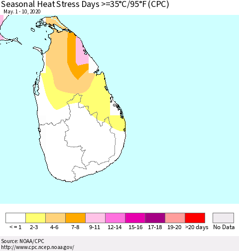 Sri Lanka Seasonal Heat Stress Days >=35°C/95°F (CPC) Thematic Map For 5/1/2020 - 5/10/2020