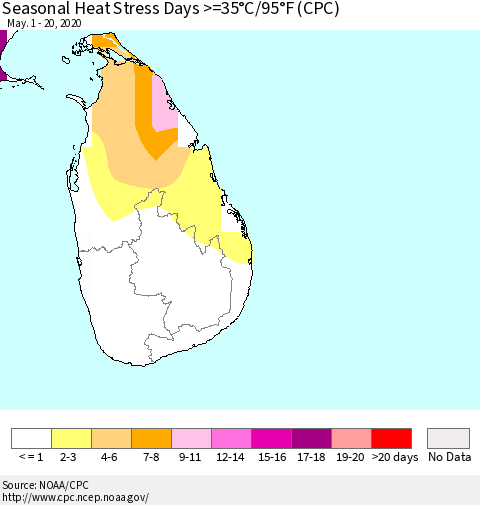 Sri Lanka Seasonal Heat Stress Days >=35°C/95°F (CPC) Thematic Map For 5/1/2020 - 5/20/2020