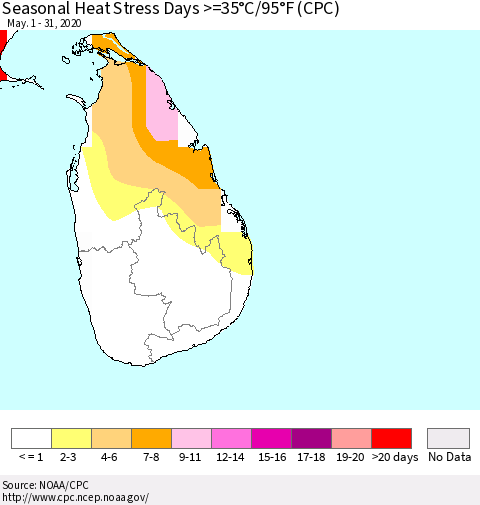 Sri Lanka Seasonal Heat Stress Days >=35°C/95°F (CPC) Thematic Map For 5/1/2020 - 5/31/2020