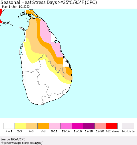 Sri Lanka Seasonal Heat Stress Days >=35°C/95°F (CPC) Thematic Map For 5/1/2020 - 6/10/2020