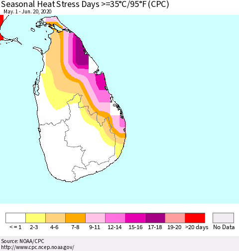 Sri Lanka Seasonal Heat Stress Days >=35°C/95°F (CPC) Thematic Map For 5/1/2020 - 6/20/2020