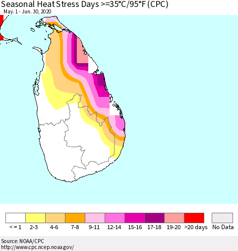 Sri Lanka Seasonal Heat Stress Days >=35°C/95°F (CPC) Thematic Map For 5/1/2020 - 6/30/2020