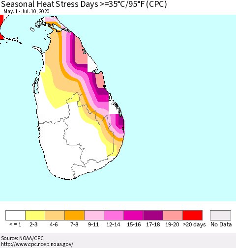 Sri Lanka Seasonal Heat Stress Days >=35°C/95°F (CPC) Thematic Map For 5/1/2020 - 7/10/2020