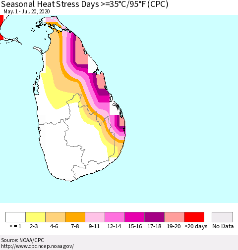 Sri Lanka Seasonal Heat Stress Days >=35°C/95°F (CPC) Thematic Map For 5/1/2020 - 7/20/2020