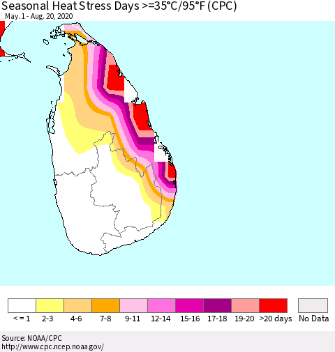 Sri Lanka Seasonal Heat Stress Days >=35°C/95°F (CPC) Thematic Map For 5/1/2020 - 8/20/2020