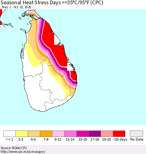 Sri Lanka Seasonal Heat Stress Days >=35°C/95°F (CPC) Thematic Map For 5/1/2020 - 10/10/2020