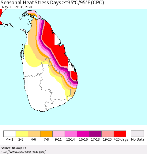 Sri Lanka Seasonal Heat Stress Days >=35°C/95°F (CPC) Thematic Map For 5/1/2020 - 12/31/2020