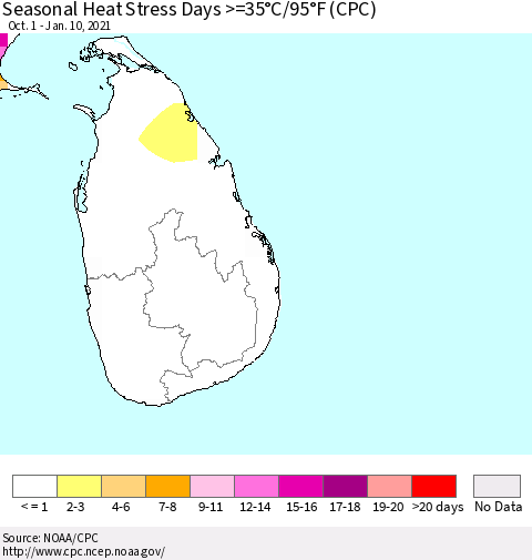 Sri Lanka Seasonal Heat Stress Days >=35°C/95°F (CPC) Thematic Map For 10/1/2020 - 1/10/2021