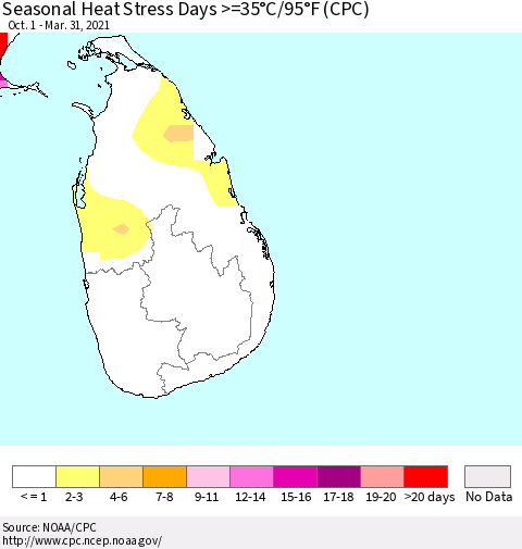 Sri Lanka Seasonal Heat Stress Days >=35°C/95°F (CPC) Thematic Map For 10/1/2020 - 3/31/2021