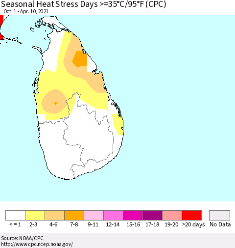 Sri Lanka Seasonal Heat Stress Days >=35°C/95°F (CPC) Thematic Map For 10/1/2020 - 4/10/2021